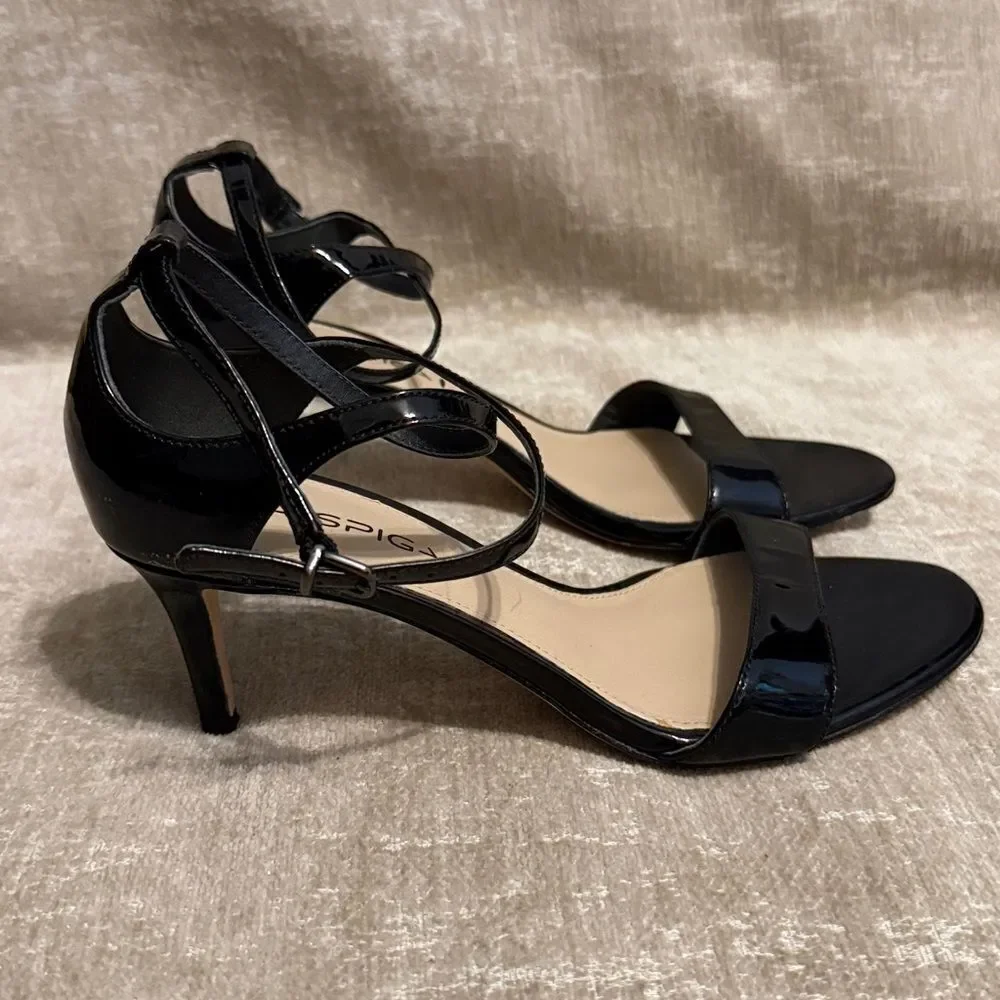 Via Spiga Black Patent Leather Ankle Strap Heels